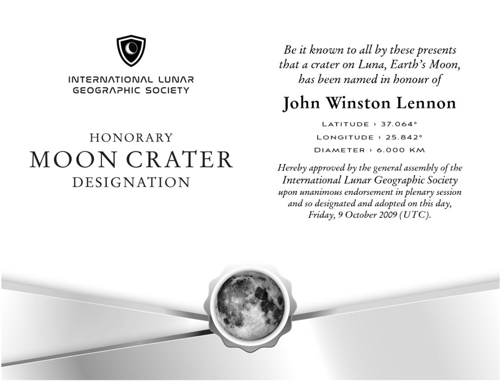 Official certificate proclaiming the designation of the John Lennon Peace Crater on the Moon (Image)
